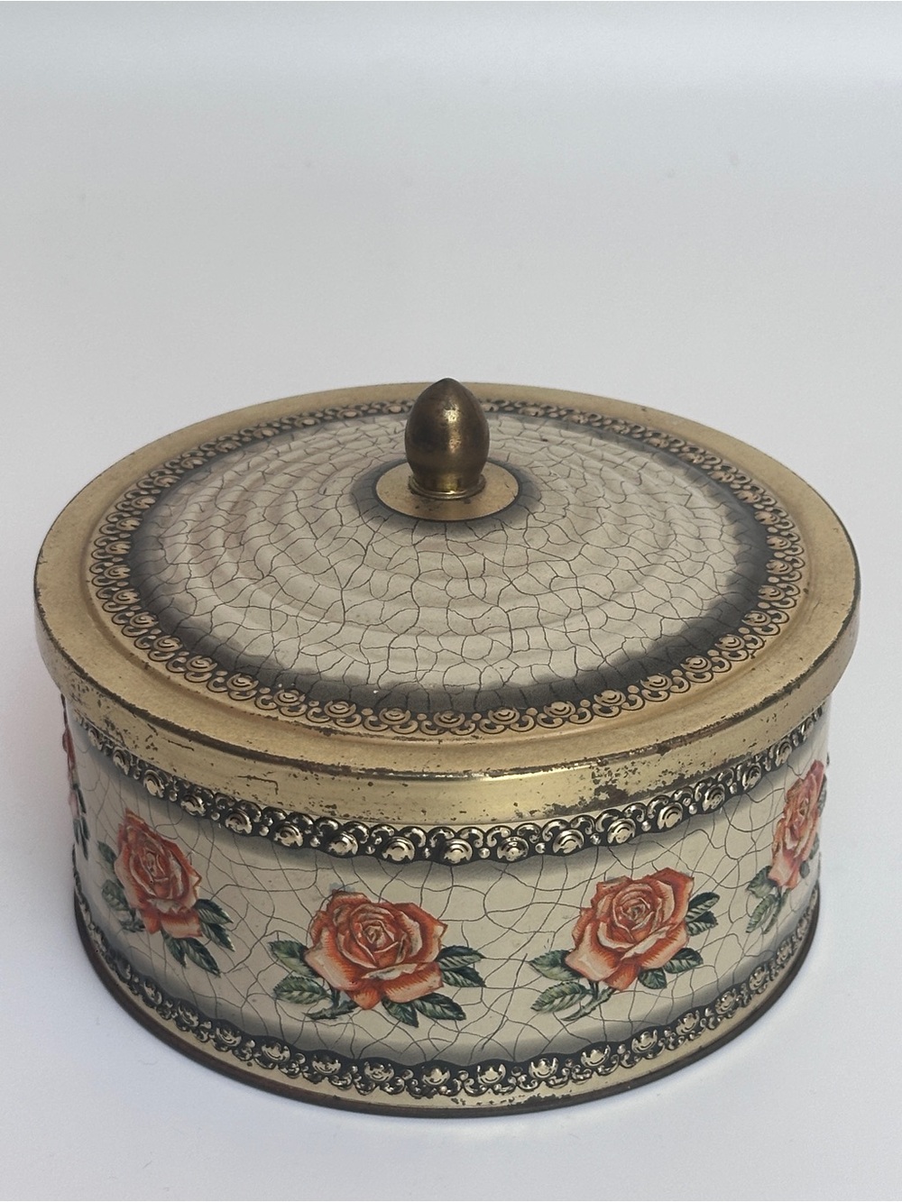 Blue Bird Confectionery Rose Crackle Finish Lidded Tin Box England Vintage‎